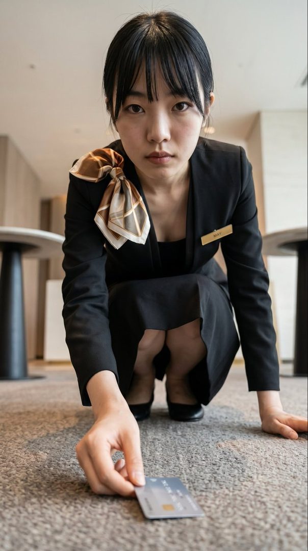Young East Asian woman in a black business suit and scarf squatting indoors to pick up a credit card from the carpet.