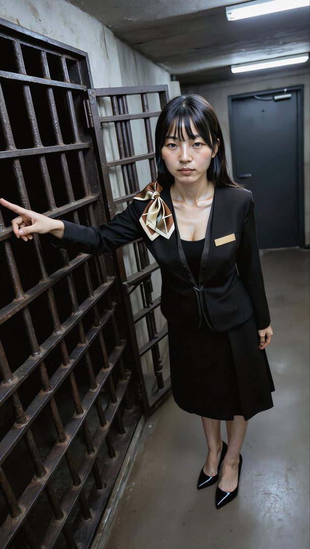 A young woman in a black suit with a decorative bow points toward an open jail cell in a concrete corridor.