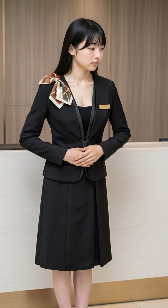 A woman with black hair and bangs, wearing a black suit and a patterned scarf, stands indoors with her hands clasped.