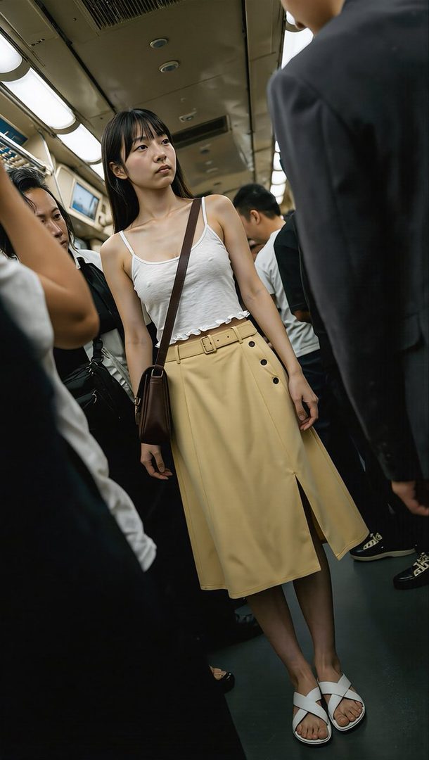 Young East Asian woman in a white camisole and beige midi skirt standing inside a crowded train car.