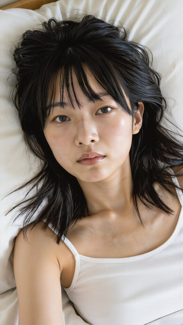 Young East Asian woman with messy black hair and bangs lying on white bedding, gazing softly at the camera in natural indoor light.