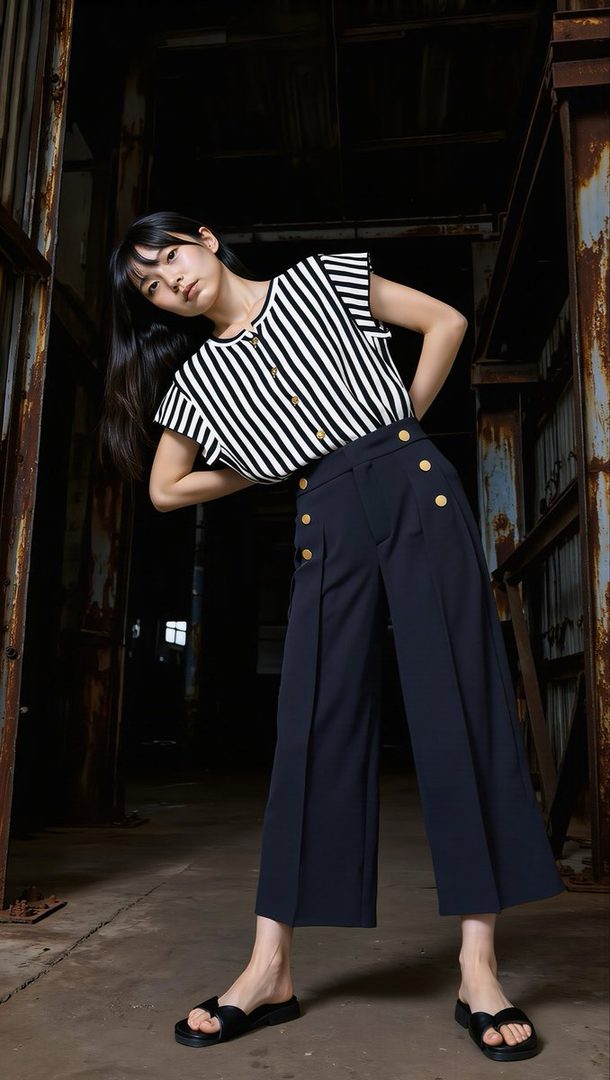 Young East Asian woman with long black hair posing confidently in a striped blouse and wide navy trousers inside an industrial warehouse.
