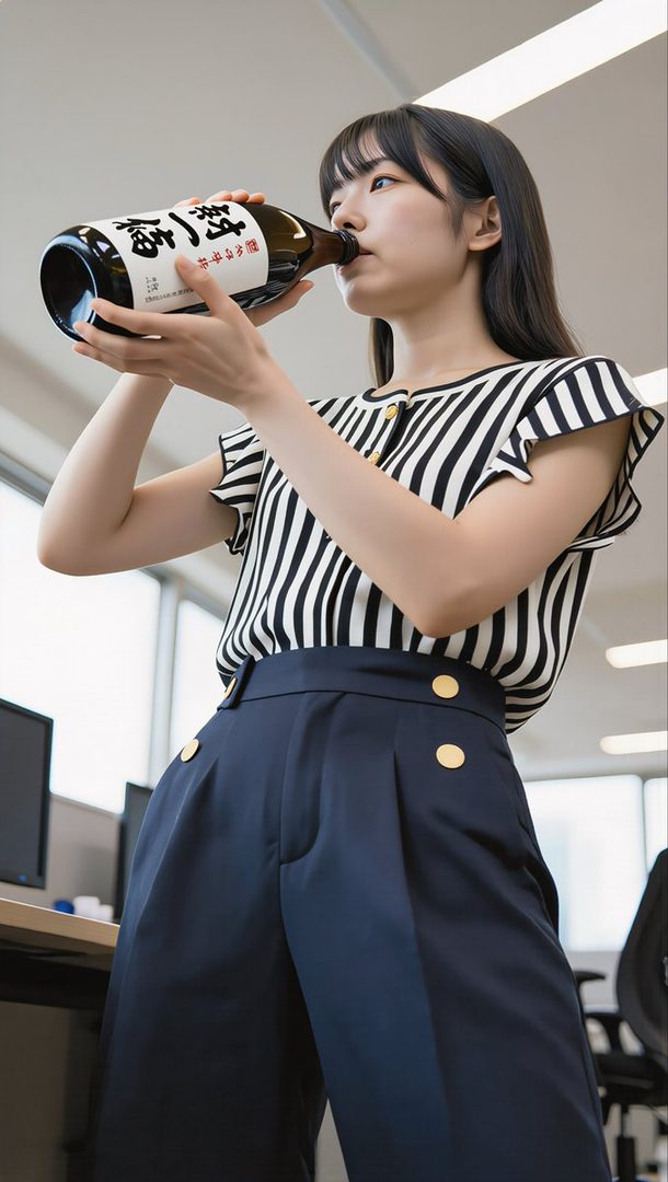 Young East Asian woman with long black hair drinking from a large bottle while standing in a bright modern office.