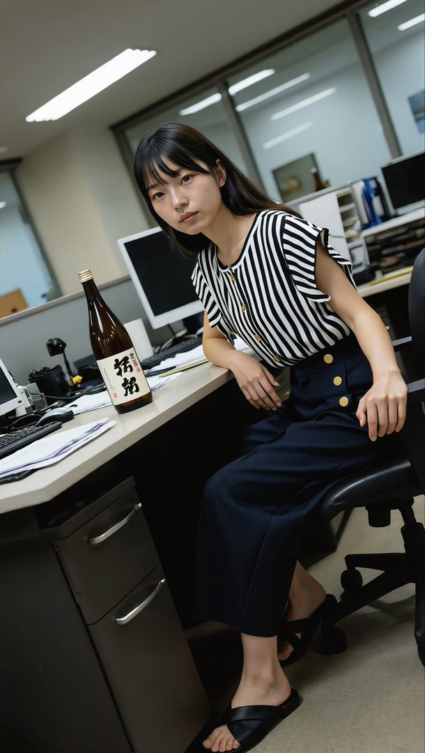 Young East Asian woman with long black hair wearing a striped sleeveless top and dark trousers, seated in a modern office beside a large sake bottle on the desk.