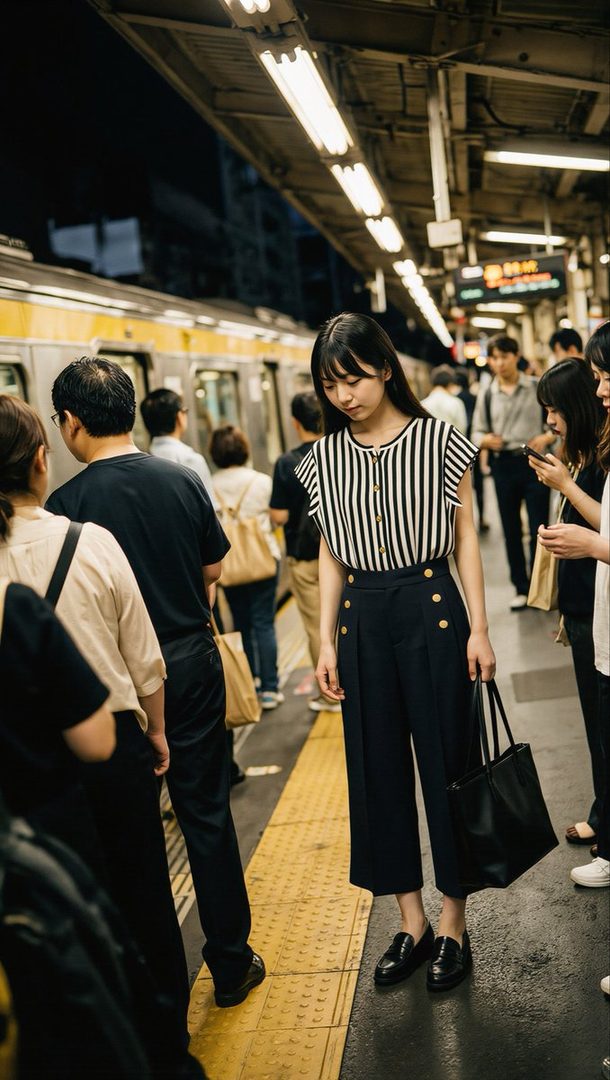 Young Japanese woman in striped blouse and wide trousers standing on a nighttime train platform with commuters and a yellow train nearby.