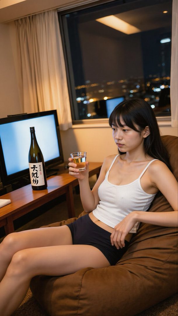 Young East Asian woman with long black hair relaxing on a brown beanbag in a modern apartment at night, holding a glass of sake beside a city view window.