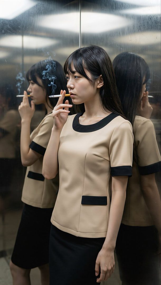 Young woman in a beige and black uniform smoking a cigarette inside a mirrored elevator with multiple reflections.