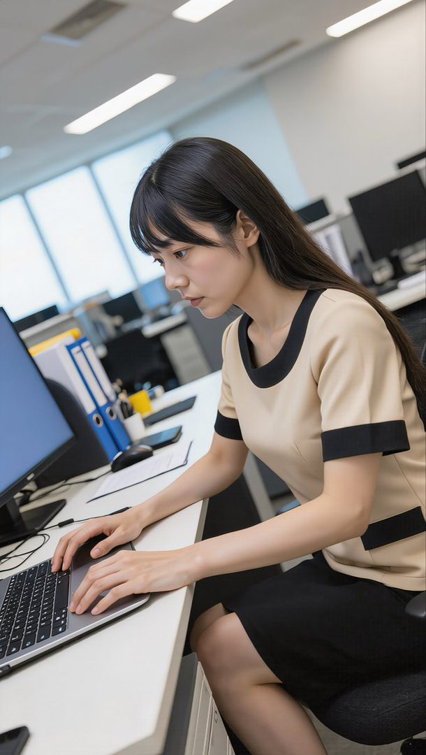 Professional woman with long black hair and elegant business attire working intently on a laptop in a bright modern office.
