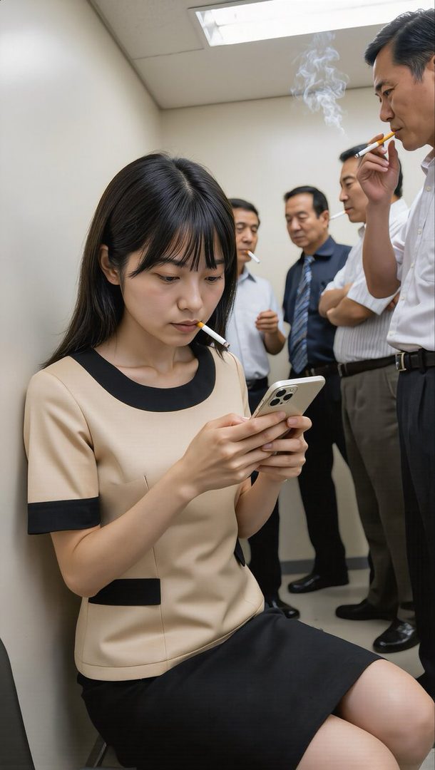 Young East Asian woman in a beige and black blouse and black skirt sits indoors checking her smartphone with a cigarette in her mouth while businessmen smoke nearby.