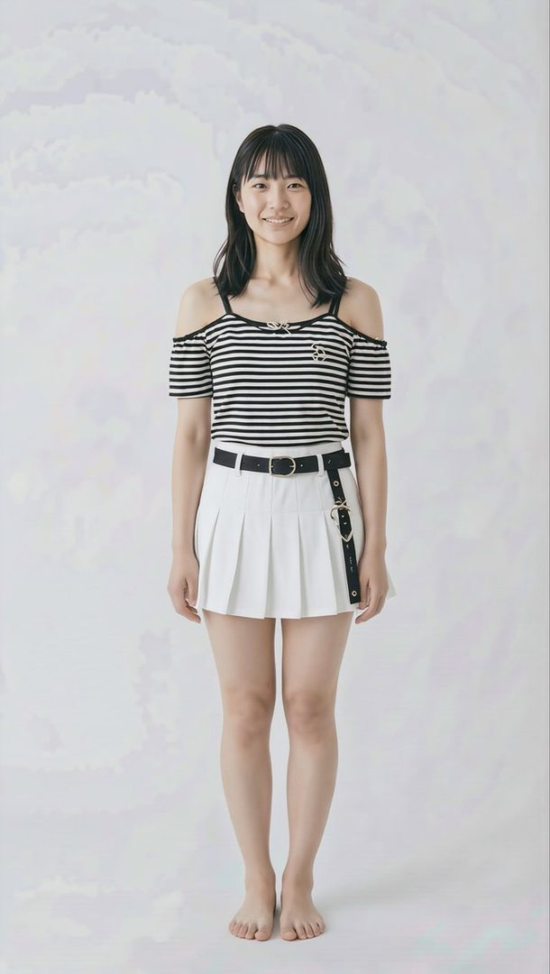 A smiling young Japanese woman with black hair wearing a striped off-shoulder top and white pleated skirt, standing barefoot in a studio setting.