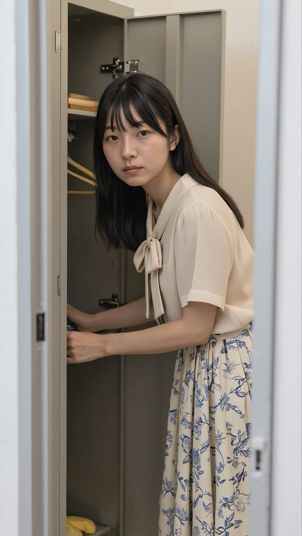 A young East Asian woman with long black hair and bangs wears a cream blouse with a bow and a floral skirt while standing beside an open metal cabinet.
