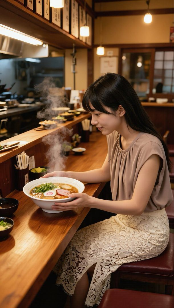 A young woman with long black hair is sitting at a counter in a ramen shop, holding a steaming bowl of ramen.