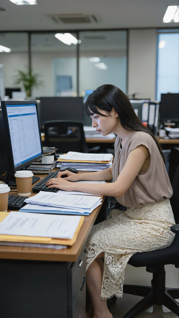 A young woman with long black hair is focused on typing at a computer in an office setting, surrounded by documents and coffee cups.