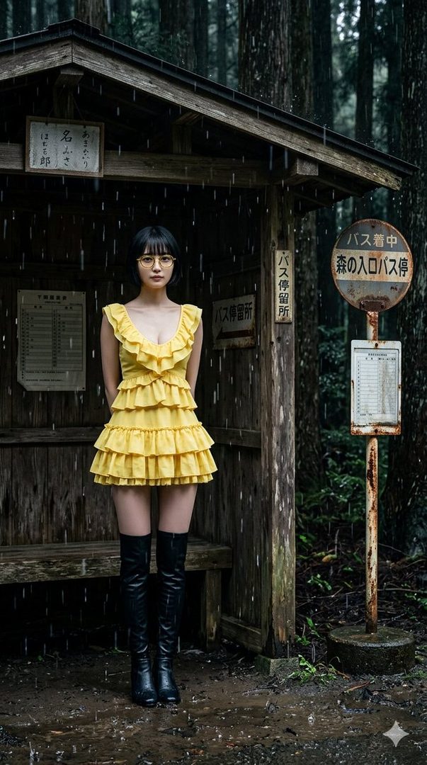 A woman with black bob hair and glasses wears a yellow ruffled dress and black knee-high boots, standing at a rustic bus stop in a rainy forest.