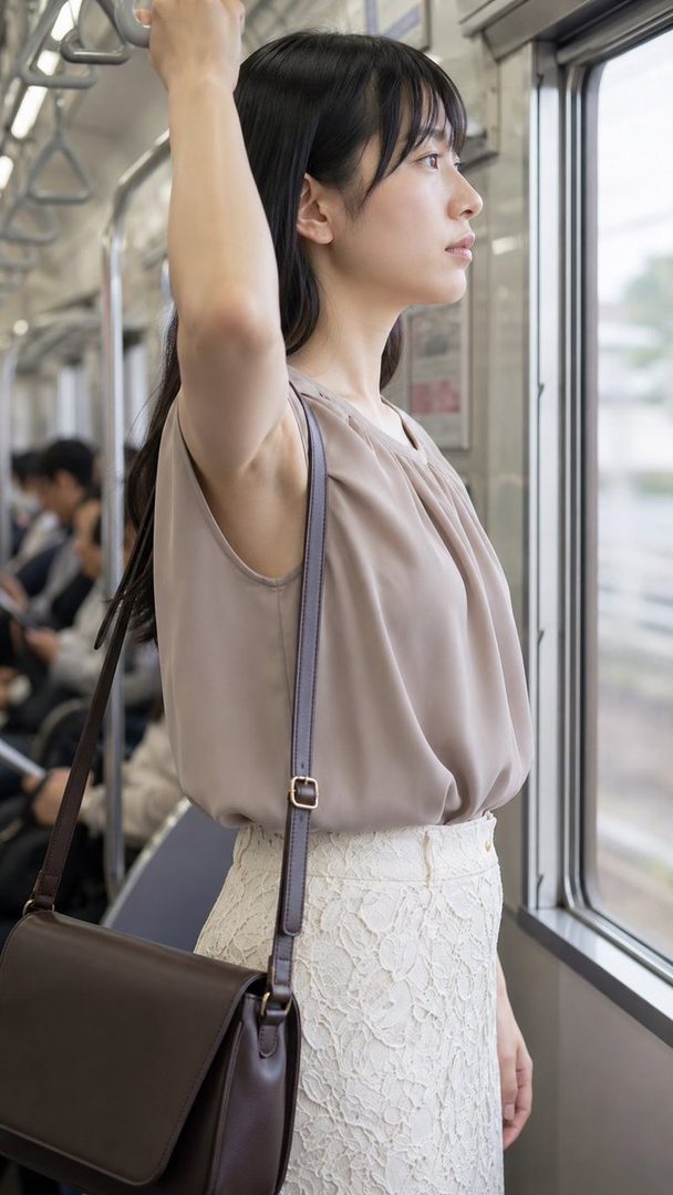 A young woman with black hair stands in a train, looking out the window with a serene expression.
