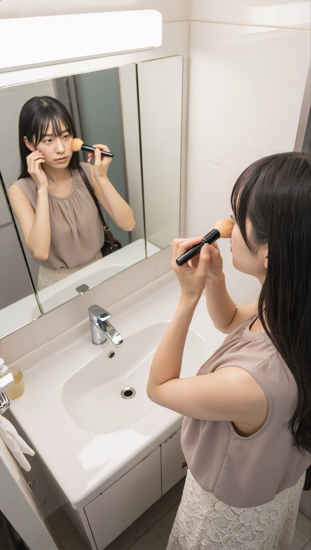 A young woman with black hair and bangs applies makeup with a brush in front of a bathroom mirror.