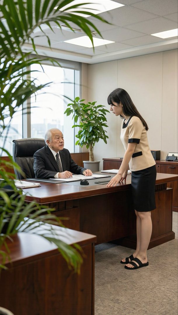A photorealistic image of a man in a suit sitting at an office desk, looking up at a woman in a beige top and black skirt standing opposite him.