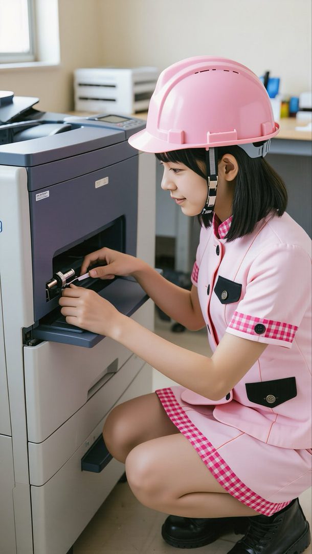 Young Asian woman in pink uniform and hard hat kneeling to repair an office photocopier.