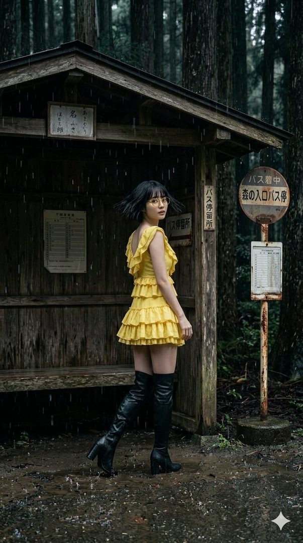 A woman with black bob hair and glasses wears a yellow ruffled dress and black thigh-high boots, standing at a rustic bus stop in a rainy forest.