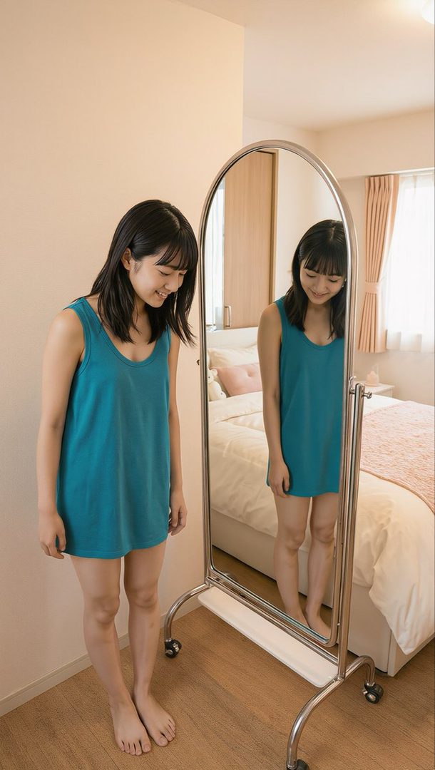 Young woman with short black hair smiling at her reflection while wearing a teal sleeveless dress in a bright bedroom.