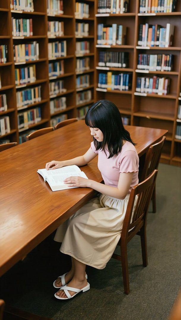 Young woman with black bob hair reading an open book at a long wooden table inside a library.