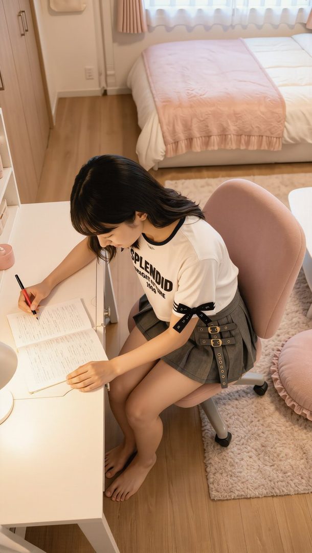 Young woman with long black hair writing in a notebook at a white desk in a cozy pink bedroom.