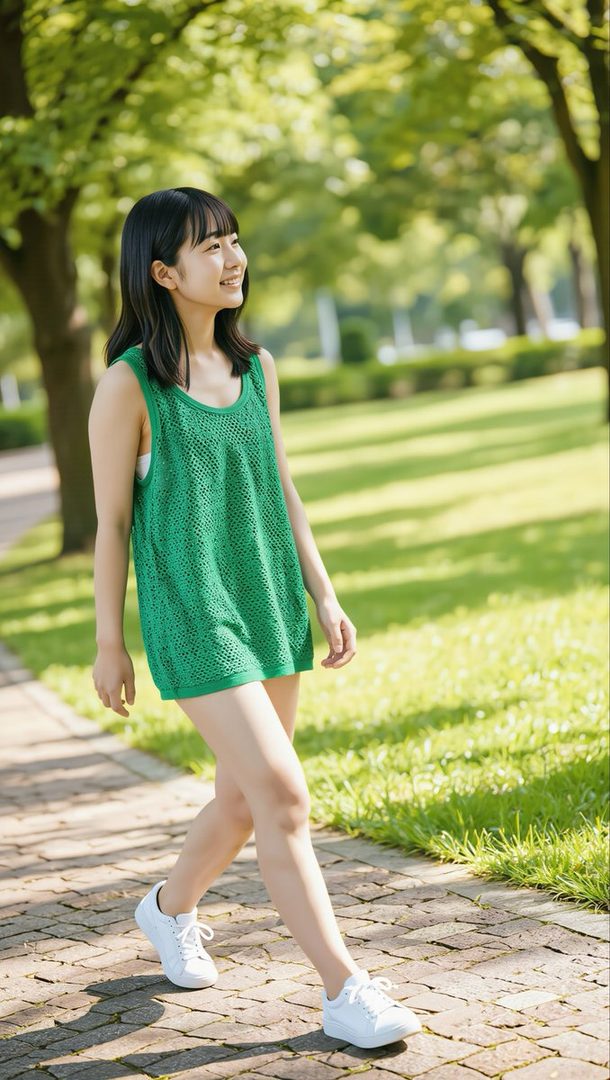 Young East Asian woman with black hair in a green knit top walking on a brick path through a lush sunny park.