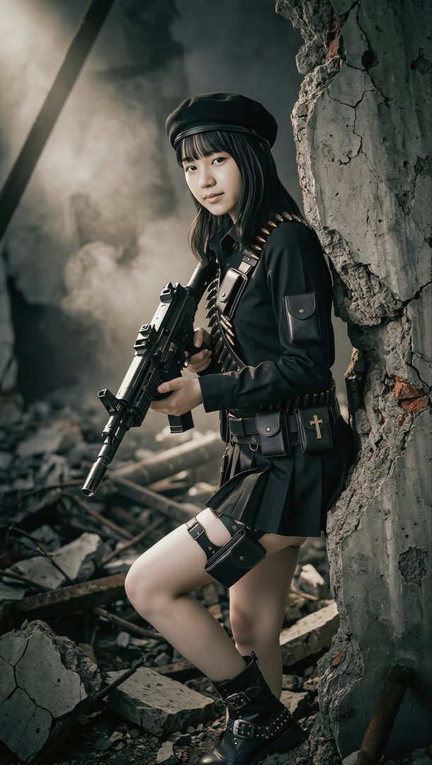 Young woman in black military cosplay holding a large rifle while leaning against a crumbling wall in a ruined urban setting.