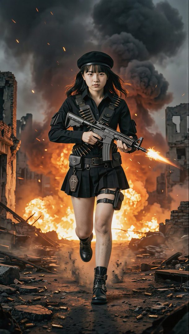 Young woman in black military outfit and beret holding a rifle amid explosions in a ruined cityscape.