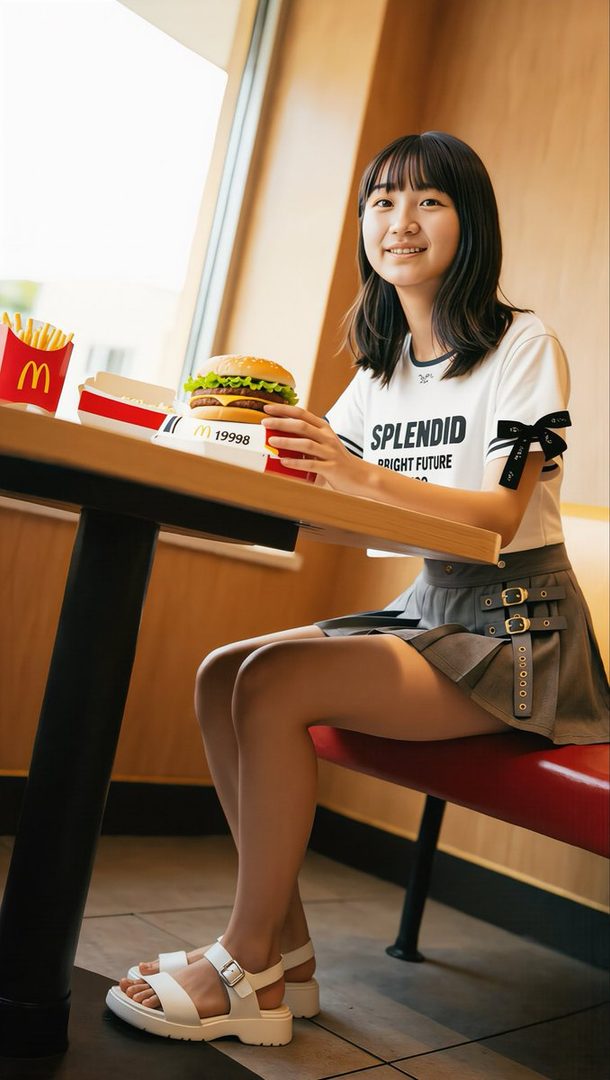 A smiling young East Asian woman in casual attire sits at a McDonald's table with a burger and fries in front of her.