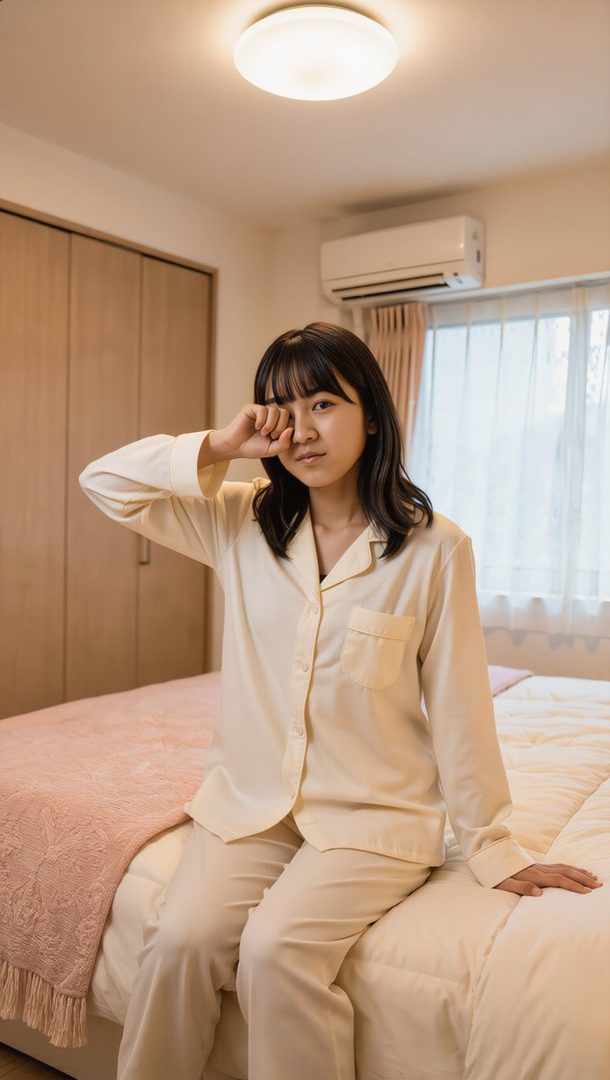 Young East Asian woman in cream pajamas sitting on a bed in a bright bedroom, posing with one hand near her eye.
