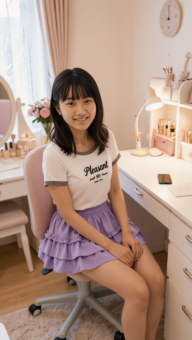 A smiling young East Asian woman with shoulder-length black hair sits in a pink office chair wearing a white graphic t-shirt and purple ruffled skirt in a bright feminine bedroom.