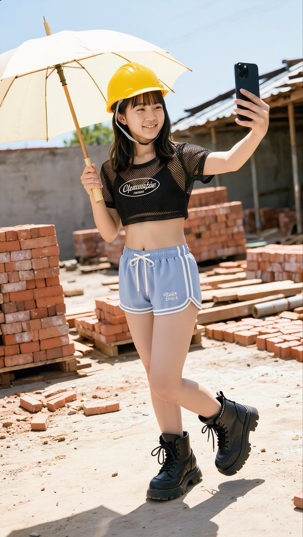 Young woman in a hard hat taking a selfie with an umbrella at a construction site.