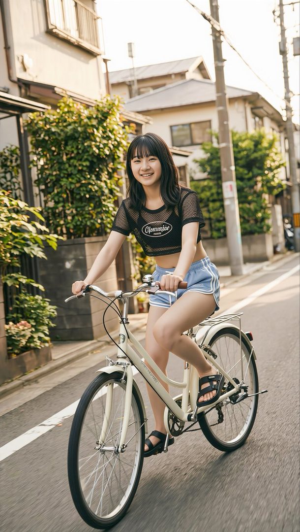 Young Japanese woman smiling while riding a cream bicycle on a sunny residential street in casual summer outfit.