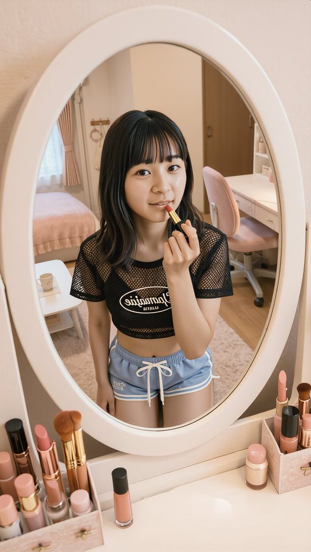 Young woman with black hair applying lipstick in front of a vanity mirror in a cozy bedroom setting.