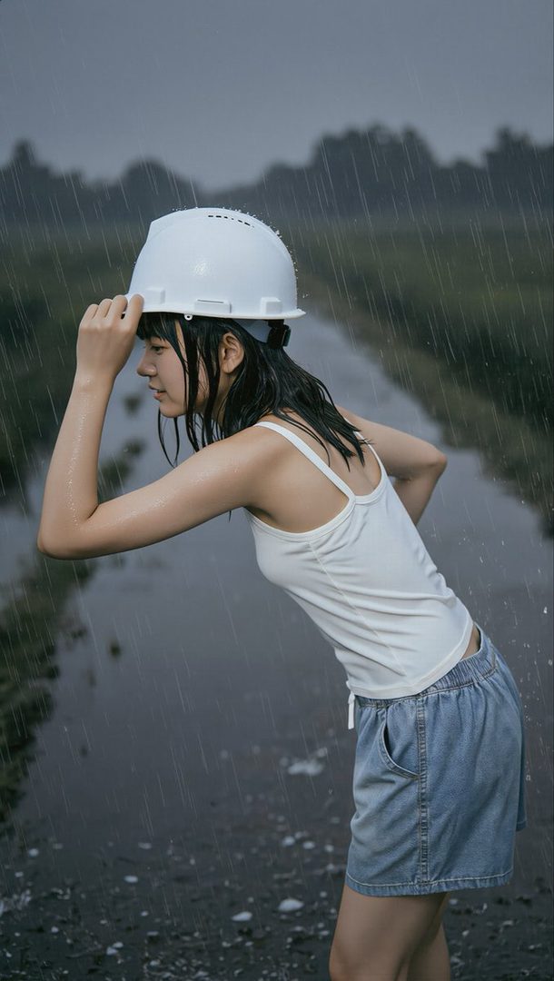 Young woman in a white tank top and denim shorts wearing a hard hat while standing in heavy rain on a rural path.