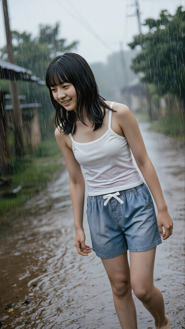 Young woman with black hair smiling as she walks barefoot through rain on a flooded rural street.
