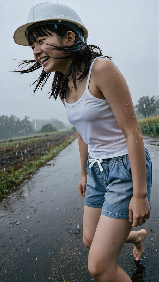 Young woman in a white helmet and casual summer clothes smiling while running barefoot in the rain on a rural path.