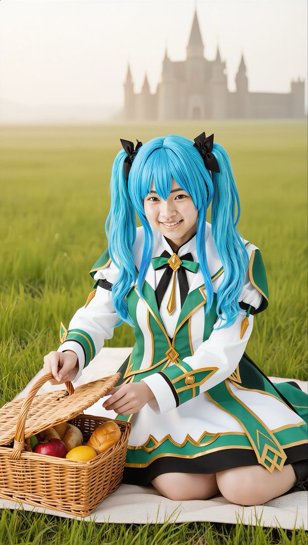 Young woman with bright blue twintails wearing a green and white fantasy uniform, smiling while sitting on a picnic blanket in a grassy field with a basket of fruit and a castle in the background.