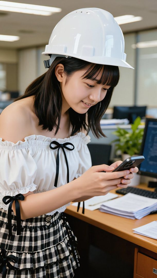 Young Japanese woman in a white hard hat and off-shoulder blouse smiles while checking her smartphone at an office desk.