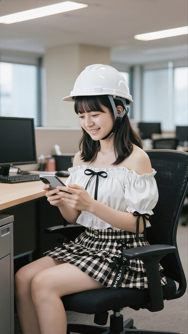Young Japanese woman in a hard hat and off-shoulder blouse smiles at her phone while seated in a modern office.