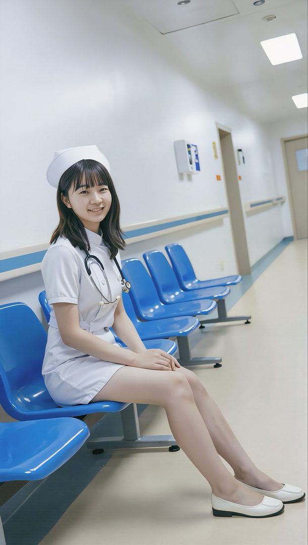 A young East Asian woman in a white nurse uniform and cap sitting on blue chairs in a bright hospital hallway, smiling warmly at the camera.