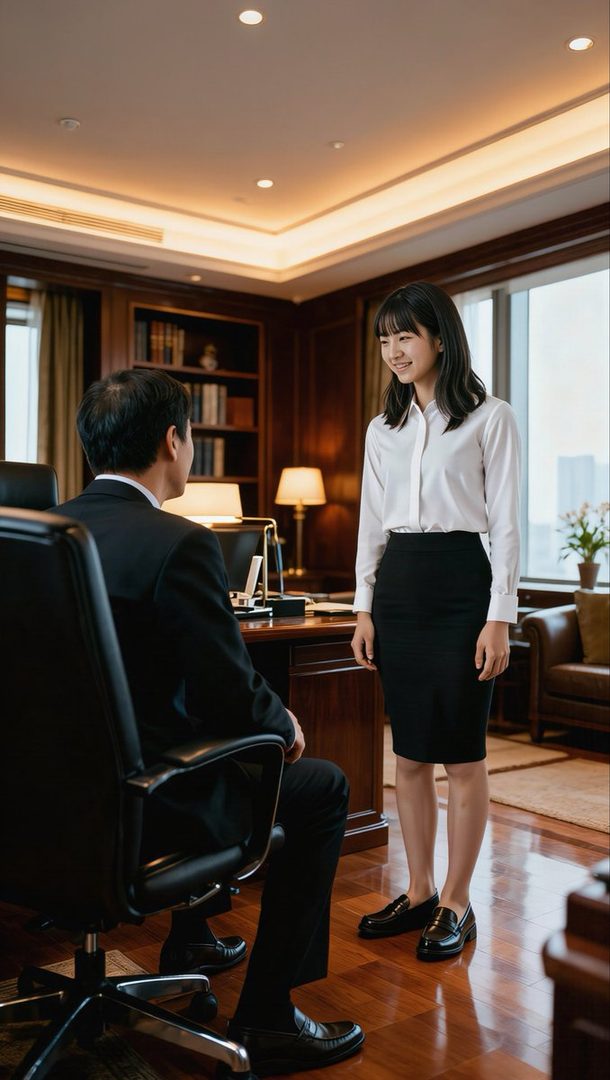 A young Japanese woman in a white blouse and black skirt stands smiling in a luxurious executive office while a suited man sits in a leather chair.