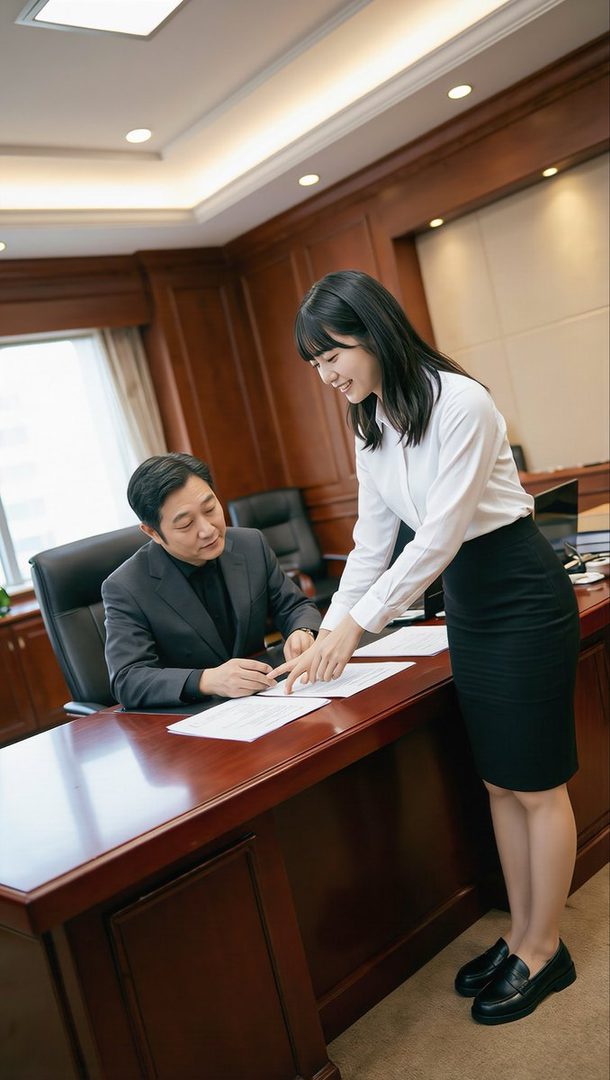Young Japanese woman in white blouse and black pencil skirt standing in a luxurious executive office, smiling as she points to documents on a wooden desk while an older suited man reviews them.