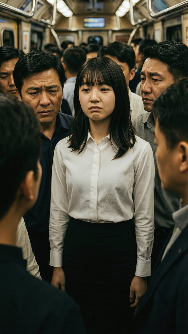 Young Japanese woman with shoulder-length black hair standing in a crowded train, wearing a white blouse and black skirt, neutral expression amid commuters.