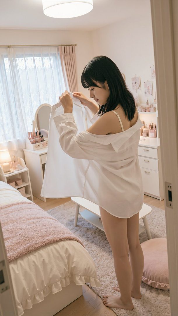 Young Japanese woman with black hair wearing an oversized white shirt in a feminine pink bedroom.
