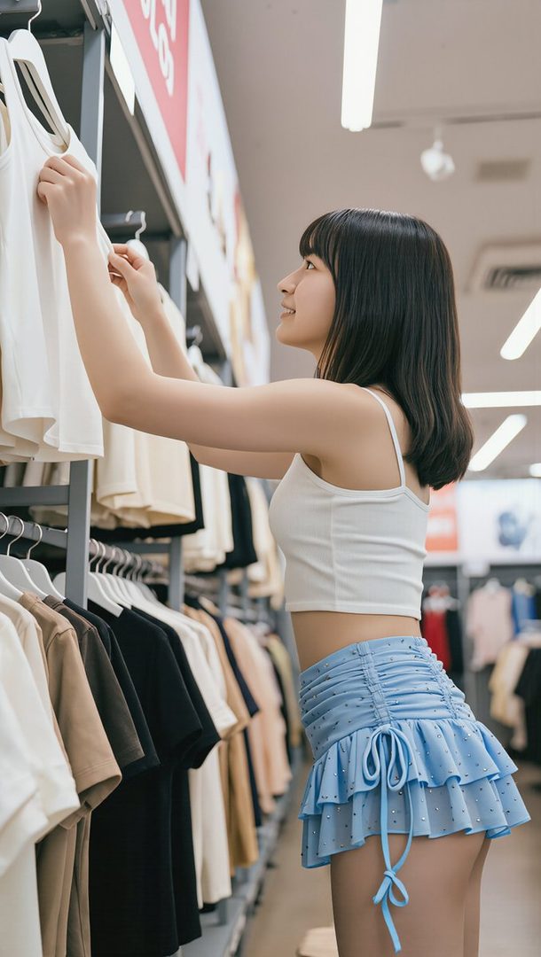 Young East Asian woman with long black hair browsing clothes in a bright retail store, wearing a white crop top and light blue ruffled mini skirt.