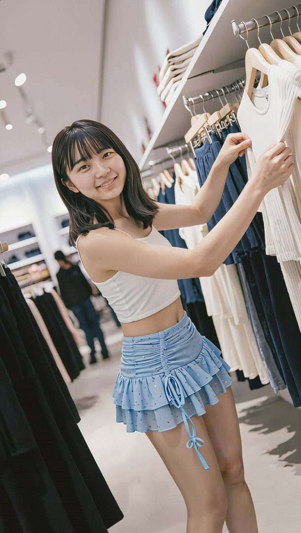 Young Japanese woman in a white crop top and short blue ruffled skirt smiling while browsing clothes in a bright retail store.