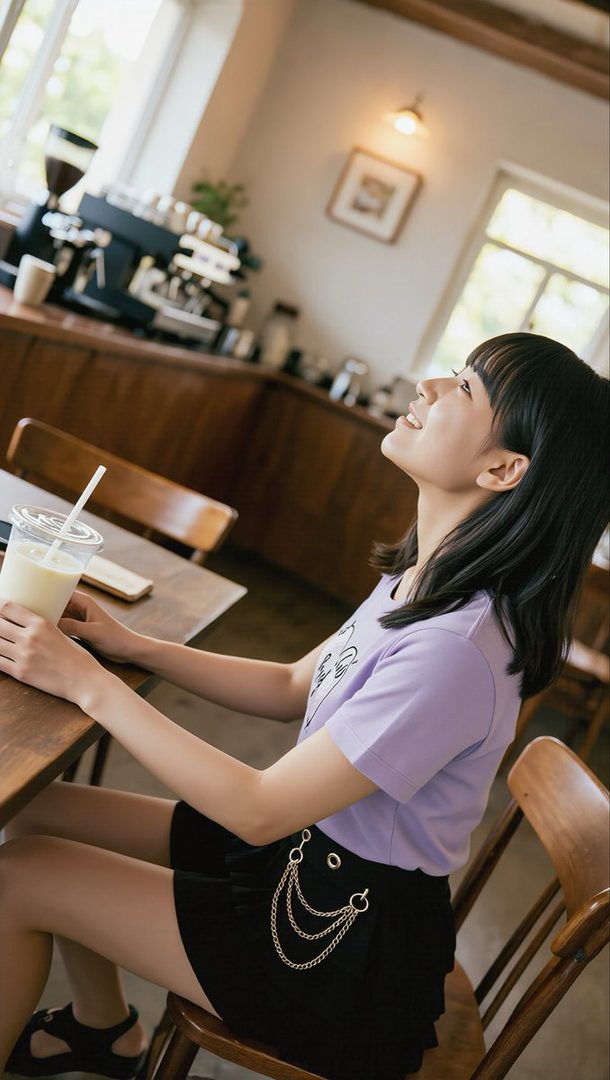 Young Japanese woman with long black hair smiling in a sunlit cafe while holding a drink.