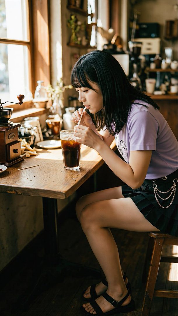 A young Japanese woman with black hair sipping iced coffee through a straw in a sunlit cafe.